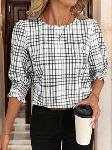 SHEIN Clasi Women's Round Neck Mid-Sleeve Loose Casual Shirt - Black and White - View 4