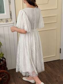 DAZY Tween Girl Square Neck Collar Faux Pearl Decor Ruffle Sleeve Embroidered Mesh Party Dress - White - View 5