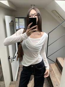 DAZY Women's Casual Rhinestone Embellished Sheer Long Sleeve T-Shirt, Suitable For Spring, Summer And Autumn, Daily Commute - Apricot - View 2