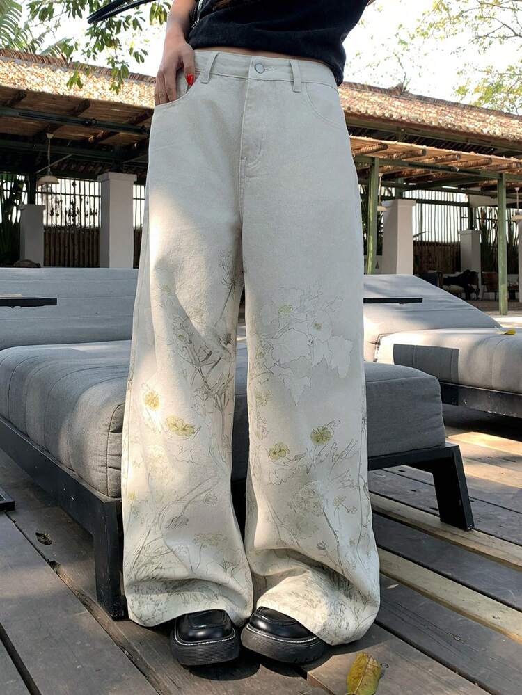 Women's Floral Print Loose Washed Casual Jeans, Korean Style