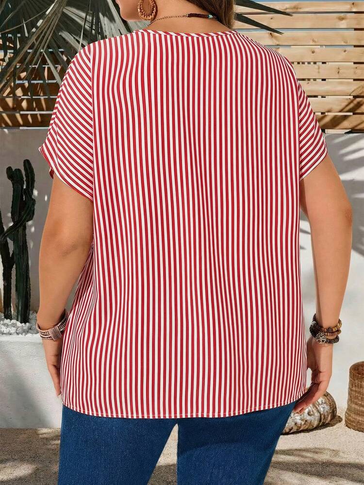 Plus Size Casual Striped Batwing Sleeve Shirt  Striped Blouse Blouses For Women Summer Blouses Summer Tops   Summer Outfits Summer Clothes Spring Dress Spring Outfit Women Spring Clothing Beach Vacation Outfits For Women Vacation Dress Bohemian  Striped Shirt