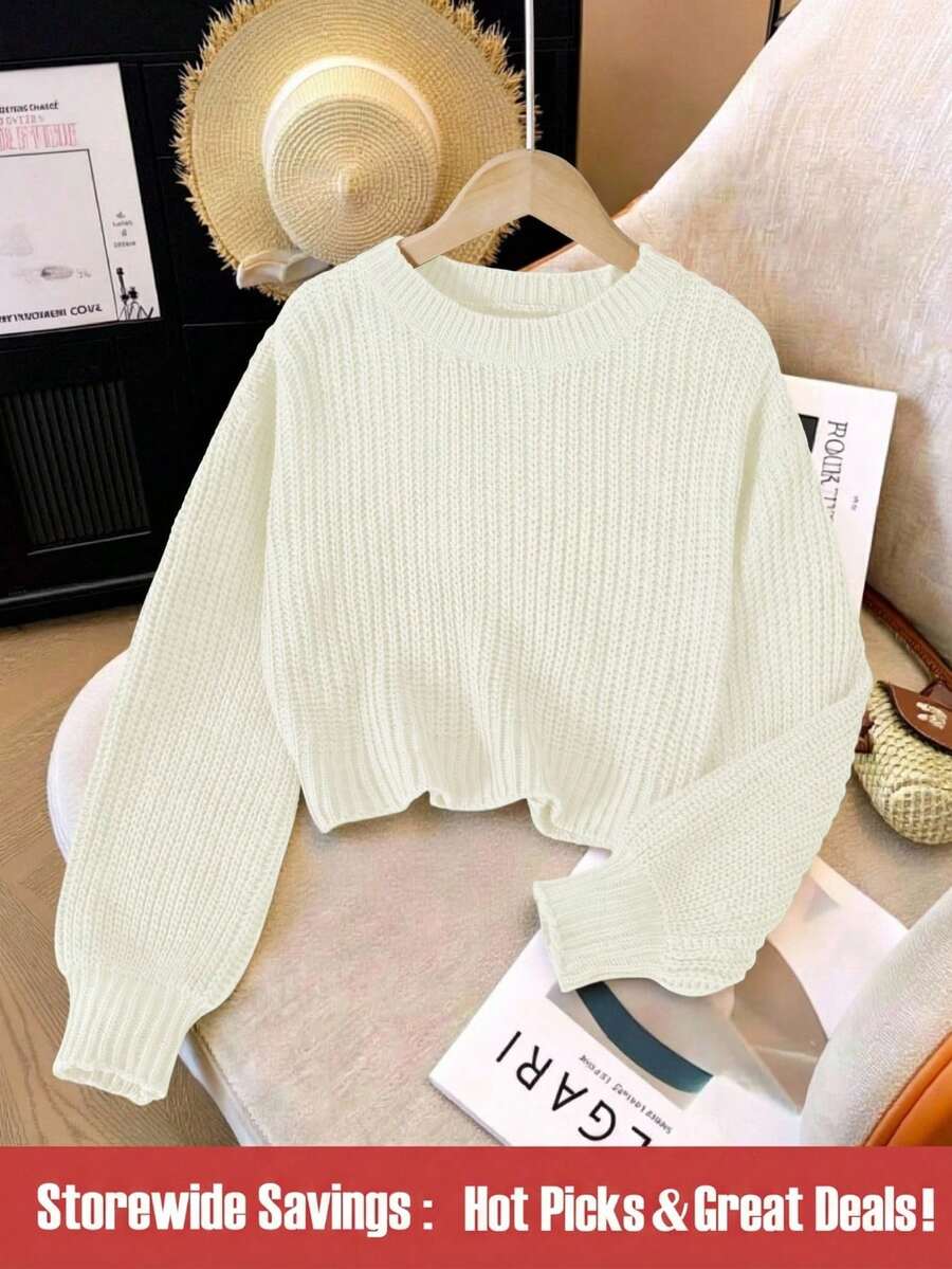 SHEIN 女童纯色简约日常圆领长袖短款套头衫 - 米色 - 查看 1