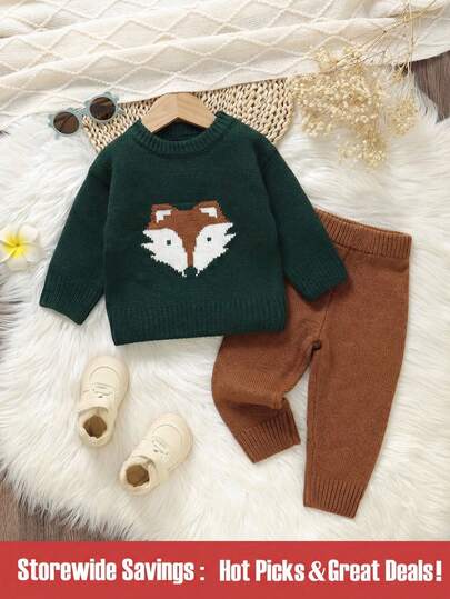 Baby Boy Cartoon Fox Long Sleeve Sweater Knitted Pants Outfit Autumn Brown White Polka Dot Chocolate Brown Matching Family Dark Green Cute