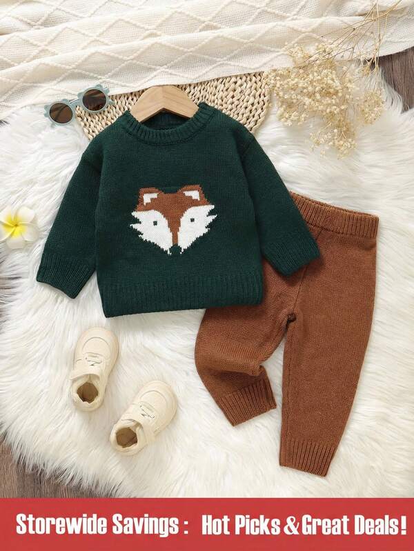 Baby Boy Cartoon Fox Pattern Long Sleeve Sweater And Knitted Pants Casual Outfit, Autumn/Winter Baby Boys Outfit Fall Outfit For Baby Brown Baby Boy Outfit Baby Boy Winter Sets Woodland Baby Clothes Baby Boys Outfit Late Fall