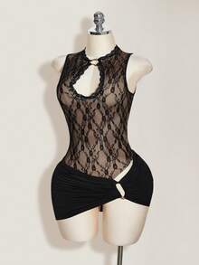 SHEIN ICON Conjunto de 2 piezas de mujer: Mono sexy con recortes de encaje y minifalda fruncida, para verano - Negro - Ver 1