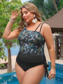 Swim Lushoire Plus Size Women 2pcs Leopard Print Tankini Swimwear, Adjustable Strap & Tummy Control, Suitable For Beach & Holiday - Multicolor - View 4