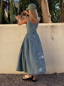 DAZY 女士优雅水洗褶皱无袖牛仔连衣裙，夏季 - 藍色 - 查看 2