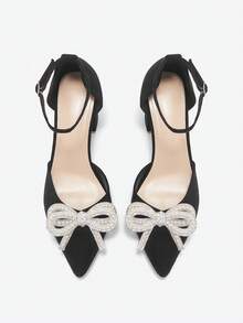 2025秋冬季仿珍珠蝴蝶结优雅粗跟鞋，尖头镂空高跟鞋，适合婚礼季，优雅女士高跟鞋，优雅派对装扮 - 黑色 - 查看 3