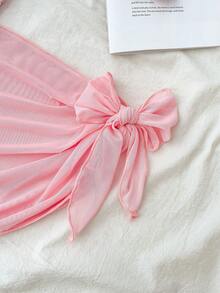 SHEIN Bộ đồ bơi liền thân màu xanh trắng họa tiết hoa nhí, nơ bên hông, dành cho bé gái tuổi teen, kiểu dáng thường ngày, kèm váy che ngoài. - Hồng - Xem 5