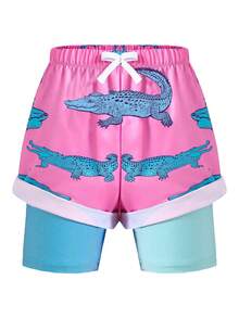 SHEIN Bubblio Conjunto de maiô infantil masculino, modelo justo com estampa de crocodilo, ideal para férias casuais, passeios ao ar livre, festas, viagens de verão à praia e para a primavera/verão. - Rosa - Ver 2