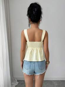 Selianne Women's Pale Yellow Summer Elegant Textured Jacquard Tank Top,Cute Babydoll Blouse,Patterned Sleeveless Shirt For Brunch,Fashionable Crew Neck - Yellow - View 2