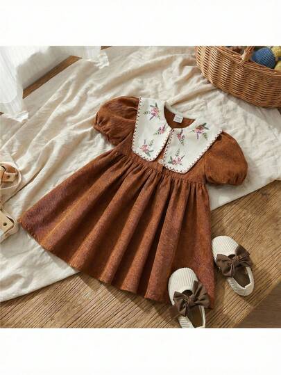 Loomiva Baby Girl Vintage Corduroy Soft Fabric Vacation Style Contrast Collar Waist Pleated A-Line Skirt, Turndown Collar Half Placket Puff Lantern Short Sleeve