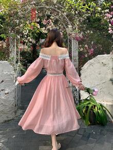 DAZY Women's Off Shoulder Long Sleeve Lace Lantern Sleeve Top And High Waist Skirt 2-Piece Set, Lotus Pink Summer - Pink - View 2