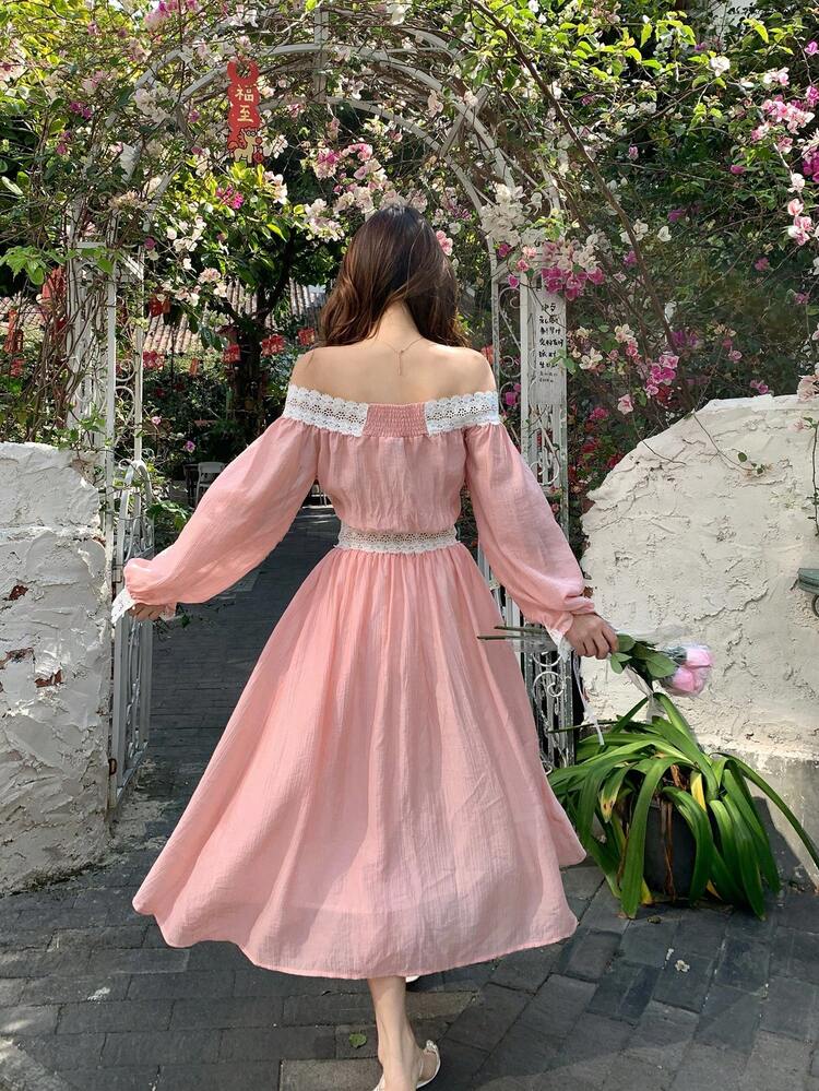 Women's Off Shoulder Long Sleeve Lace Lantern Sleeve Top And High Waist Skirt 2-Piece Set, Lotus Pink Summer