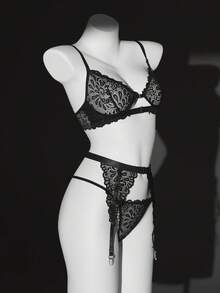 Conjunto de 3 piezas de ropa interior sexy de encaje para mujer - Negro - Ver 7