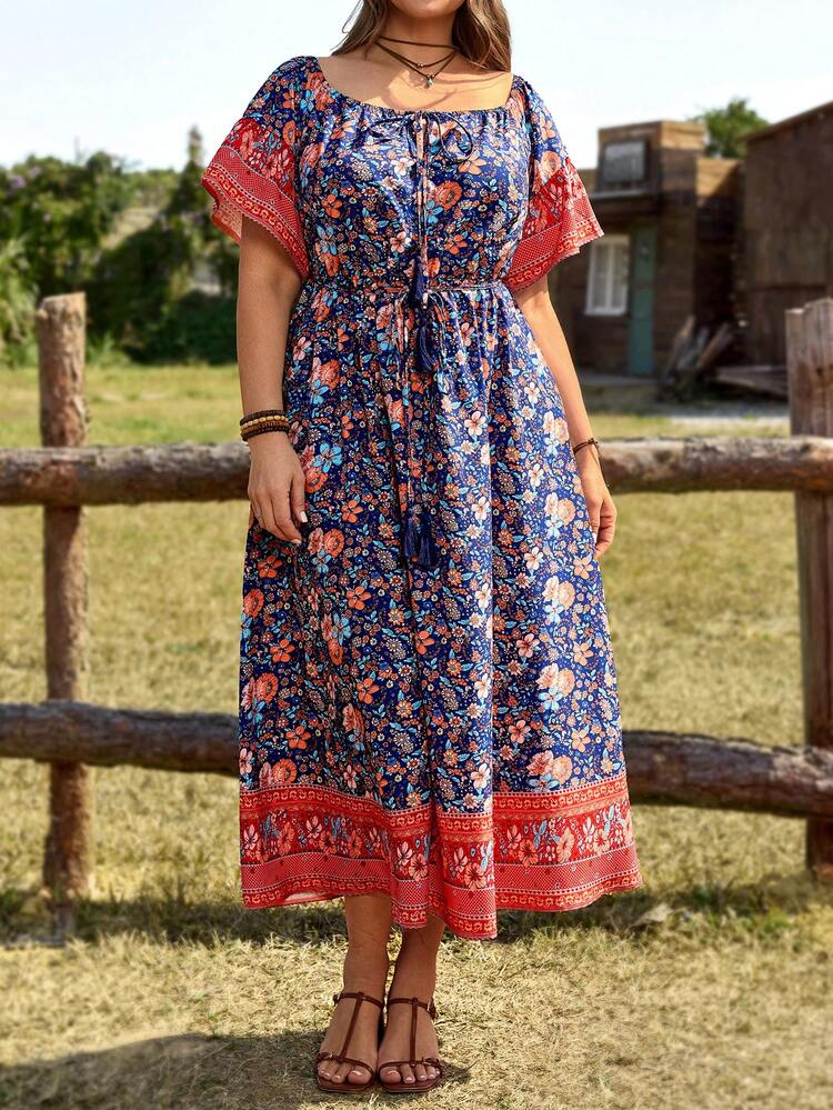 Plus Size Women's Summer Casual Vacation Country  Floral Print Off-Shoulder Long Dress, Spring/Summer,Summer Holiday,Spring Break Outfits ,Vacation Outfits Women ,Holiday Outfits For Women,Going Out Outfits,2026 New Clothes,Simple And Fashionable For Everyday Wear,Flowy Dress ,Suitable For Summer, Vacation, Daily Wear,Beach Outfits For Women ,Casual Vacation Boho Dress,Western Style