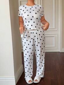 SHEIN Plus Size Sexy Heart Print Short Sleeve Pajama Set Two Piece Set Plus Curve Two Piece Set Casual Two Piece Set Two Piece Set Two Piece Set Women - Multicolor - View 6