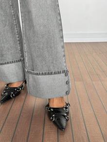 SHEIN PETITE 女士高腰口袋阔腿宽松休闲百搭牛仔裤 - 黑色 - 查看 4