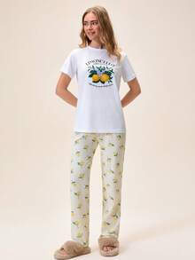 Loomlin Cotton 2pcs Women Limon Print Short And Limoncello Print Top Homewear Pajama Set - Yellow - View 3