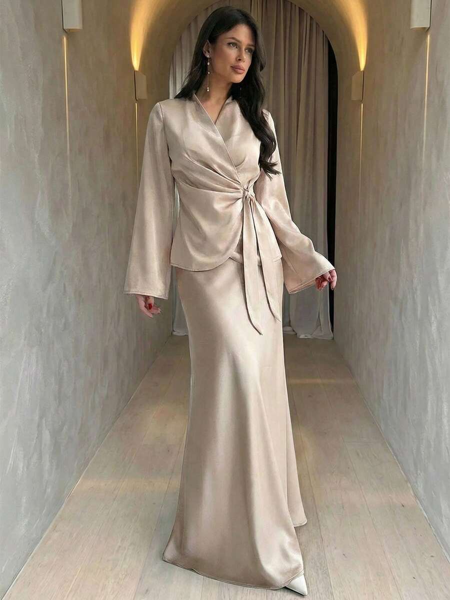 Firerie 男士优雅纯色腰带露背缎面亮面裹身系带上衣/衬衫和鱼尾裙两件套，缎面不对称下摆缎面裙套装，通勤派对，工作两件套，婚礼两件套，适合通勤、日常穿着，春夏款