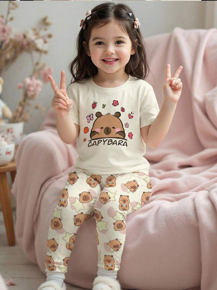 SHEIN 2件套 女童可爱动物图案针织圆领T恤和打底裤睡衣套装 - 彩色 - 查看 1