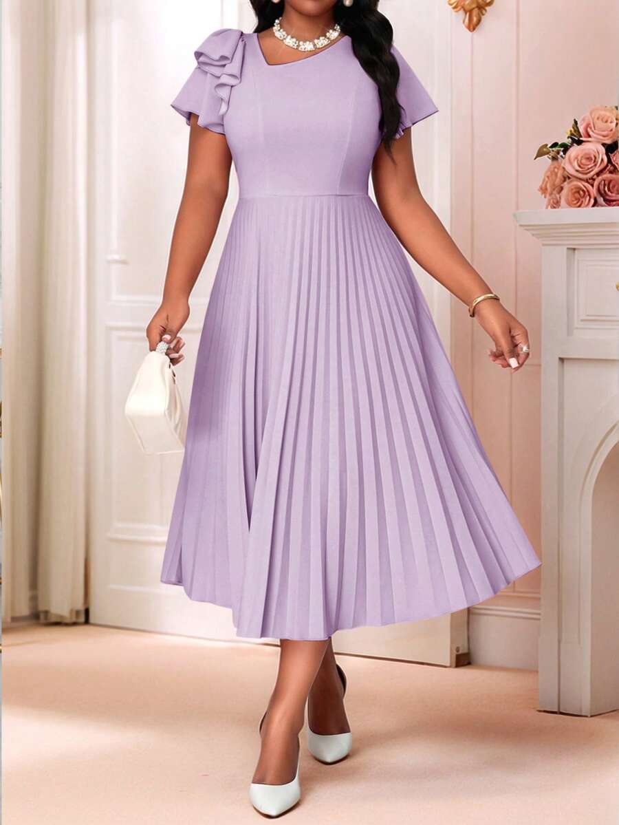 SHEIN Lady 春夏优雅端庄派对婚礼鸡尾酒会音乐会/音乐节紫色针织圆领喇叭荷叶袖褶皱中长短袖大码连衣裙 - 紫色 - 查看 1