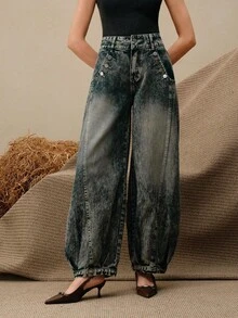 Anewsta 复古弯腰阔腿哈伦牛仔裤，高腰宽松阔腿女式牛仔裤，春季系列 - 藍色 - 查看 4