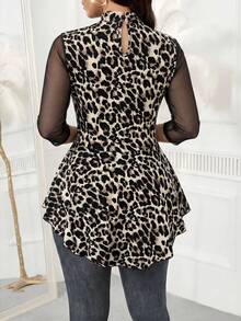 SHEIN Lady 女士豹纹网纱拼接七分袖荷叶边下摆上衣 - 棕色 - 查看 2
