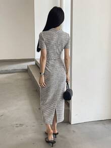 DAZY Women's Crossed V-Neck Short Sleeve Knotted Waist Fitted Elegant Mid-Length Dress - Khaki - View 6