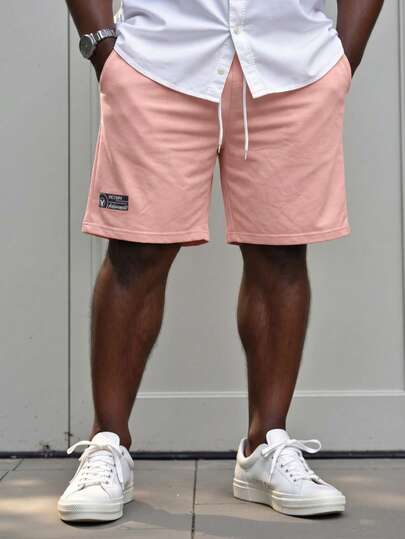 ResortEase Men's Plus Size Letter Patch Drawstring Waist Shorts Going Out Knee Shorts, For Husband, Boyfriend Gifts Pink Shorts Menjogging Shorts