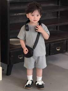 DAZY 2pcs/Set Baby Boy Korean Style Round Neck Short Sleeve Casual T-Shirt And Shorts Set Summer - Grey - View 5