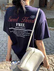 DAZY Teen Girl Slogan Print Round Neck Loose Casual Short Sleeve T-Shirt Summer - Navy Blue - View 5