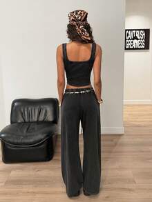 Muchica Women's Vintage Washed Square Neck Camisole And Pants Set, Summer - Black - View 2