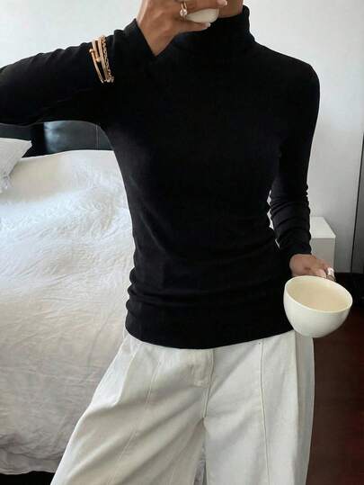  DUKEZA blusa de punto de cuello alto, de ajuste ceñido y favorecedora de la figura, con mangas largas, lo que la convierte en una capa base perfecta.