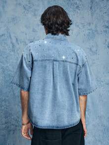 ROMWE MEN Grunge Punk 男士翻领单排扣铆钉休闲百搭日常短袖牛仔衬衫 - 棕色 - 查看 3