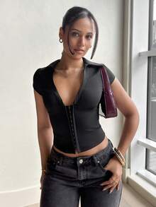 LHSEPT Áo thun tay ngắn màu trơn thanh lịch cổ chữ V sâu cài nút thời trang dành cho nữ - màu đen - Xem 6