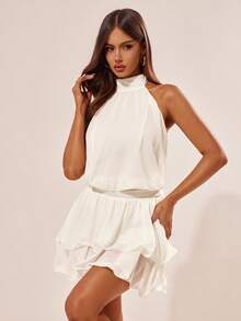 Radiana Women's Fashionable Sexy Elegant Halter Backless Waist Cinched Multi-Layer Ruffle Hem Chiffon Mini Dress, Spring/Summer - Apricot - View 5