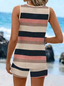 Sylviya 2 件女士休闲拼色条纹无袖圆领 T 恤和背心套装，适合夏季 - 彩色 - 查看 2