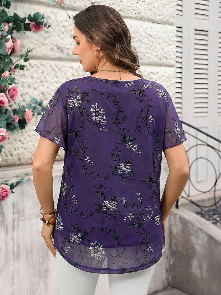 Plus Size Women's Summer Casual Vacation Short Sleeve Floral Print Tunic Blouse Top,Summer Holiday,Vacation,Simple And Fashionable For Everyday Wear,Spring Break,Vacation,Holiday,Going Out,2026 New,Simple And Fashionable For Everyday Wear, Purple Blouse