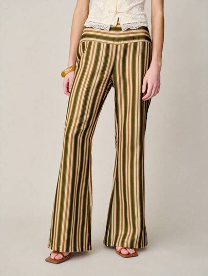 Nöista High-Waisted, Multi-Colored Vertical Striped Wide-Leg Pants. The Flared Legs Elongate The Legs, While Retro Horizontal Stripes Enhance The Sense Of Layering. They Offer Good Breathability And Are Suitable For Everyday Wear, Vacations, And Shopping Trips-A Classic Piece For Elegant Spring/Summer Looks.