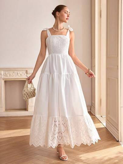 CLARA VERO Broderie Tie Shoulder Tiered Maxi Dress Regular Fit Sleeveless Perfect For Beach Vacations Or Garden Parties Made In Lightweight Cotton Blend Featuring Delicate Eyelet Embroidery Dresses For Women Elegant Summer French Style Dress Wedding Dress For Women Casual Wedding Dress Classic Dresses For Ladies Vintage Dresses For Woman White Dress Womens Dress Ladies Dress Sundress