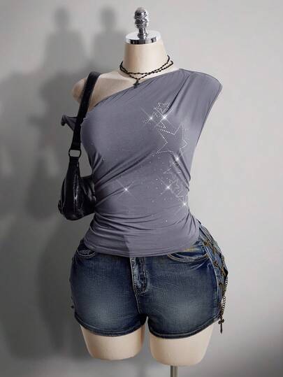 SHEIN ICON 大码 Y2K 斜肩星星水钻复古性感针织上衣，街头风，休闲风，斜肩扭结针织衫