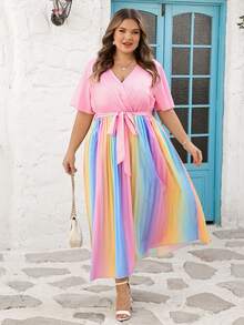 SHEIN CURVE+ Curve 尺码 US22 音乐节、海滨度假、波西米亚风女士彩虹褶皱V领灯笼袖系带背心毕业礼服婚礼宾客礼服女士学位模拟礼服女士沙滩裙女士假日太阳裙生日礼服女士骄傲节女士礼服优雅礼服女士休闲礼服女士生日礼服女士夏季礼服女士夏季礼服 - 彩色 - 查看 6