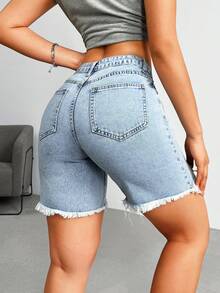 Rivivi 女士休闲破洞毛边牛仔短裤 - 淺色水洗藍 - 查看 2