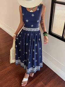 DAZY Women's Summer Round Neck Sleeveless Contrast Color Floral Print Casual Elegant Dress Boho Sun Dresses For Women Vacation Outfits Women - Navy Blue - View 1