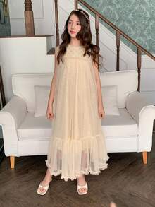 DAZY Girls' Summer Mesh Dress, High-End New Design, Children Princess Dress, Big Girls Summer Outfit - Apricot - View 1