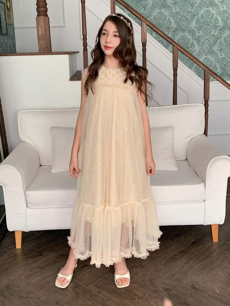 DAZY Girls' Summer Mesh Dress, High-End New Design, Children Princess Dress, Big Girls Summer Outfit - Apricot - View 1