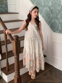 Dazy Kids 少女甜美系领碎花无袖连衣裙 - 米色 - 查看 3