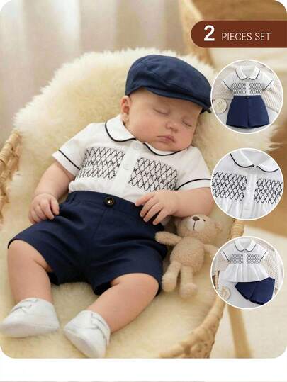 Newborn Baby Boy Cute Casual Collared Short Sleeve Shirt And Elastic Waist Shorts Set, College Style Newborn Baby Boy Casual Cute Striped Short Sleeve Shirt & Elastic Waist Shorts Set Newborn Male/Female Baby Set (2-Piece): Delicate Lace Embroidered Collar Short-Sleeved Shirt Top And Elastic Waist Shorts, School Uniform, Navy Uniform Suitable For Daily Wear, Festival Celebrations, Family Gatherings, Special Occasions, Birthday Parties, Dinners, Performances, Weddings, Baptisms, Opening Ceremonies, Indoor And Outdoor Activities, Sports, Playtime, Parties, Photo Shoots, Vacations, Etc. Suitable For Wearing In Spring, Autumn And Winter Seasons.