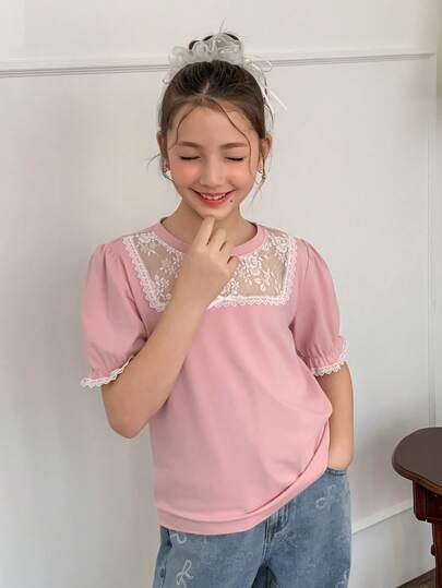 DAZY Tween Girl Contrast Lace Bow Decor Short Petal Sleeve T-Shirt